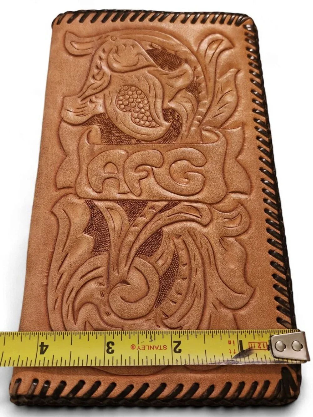 Vtg Hand Tooled Leather Checkbook Cover Long Wallet Monogram AFG Western Boho